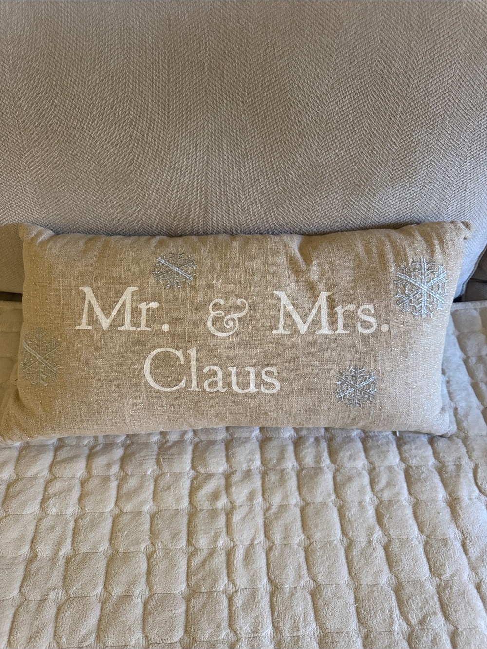 Grey Duck Feather Pillow Mr. & Mrs Claus Holiday Snowflake Silver Sparkle Burlap
